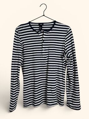 H&M Navy & White Striped Long-Sleeve Henley Tee
